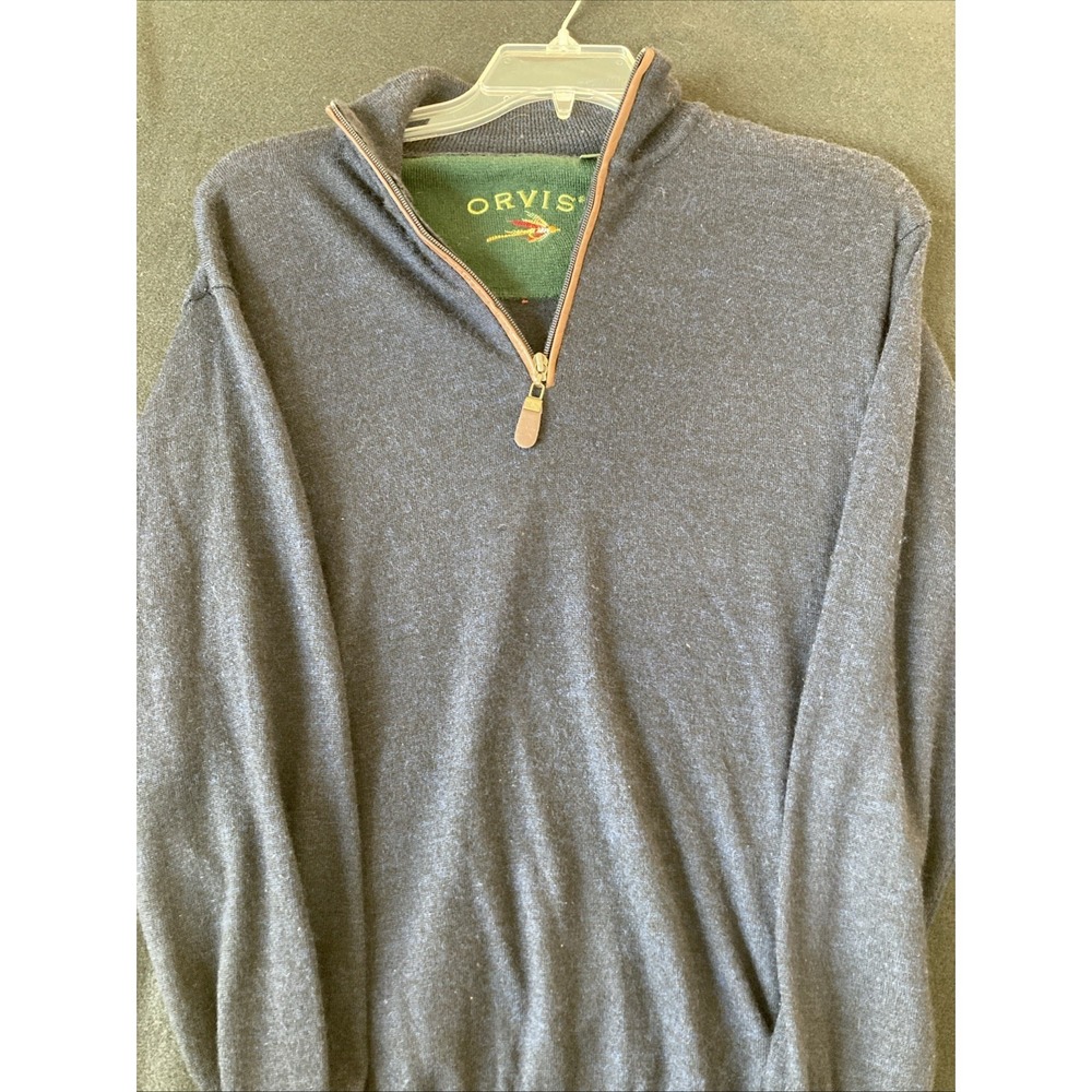 Orvis Sweater Mens Medium 100% Wool Blue 1/4 Zip Pullover‎ Preppy Classic